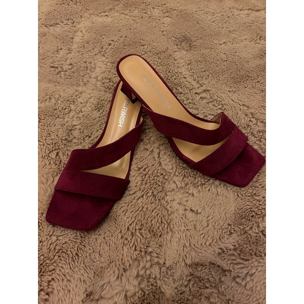 Roserwish Burgundy Faux Suede Square Toe Mule Sandals Kitten Heel Womens 10.5